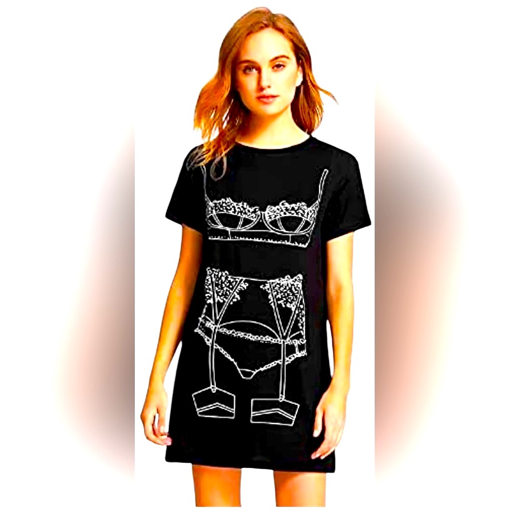 Vintage Black Short Sleeve Tee Dress with White Lingerie Sketch